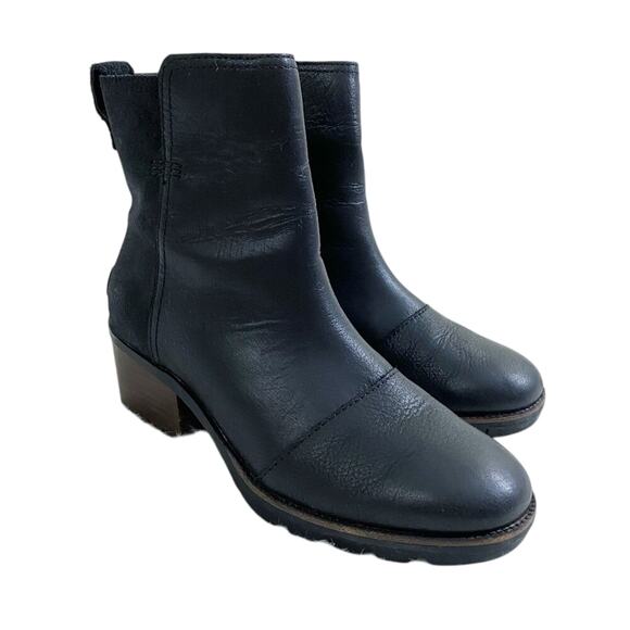 Sorel Black Cate Bootie Leather and Suede Women's Size 6 EUC Side Zip Almond Toe - Picture 1 of 9